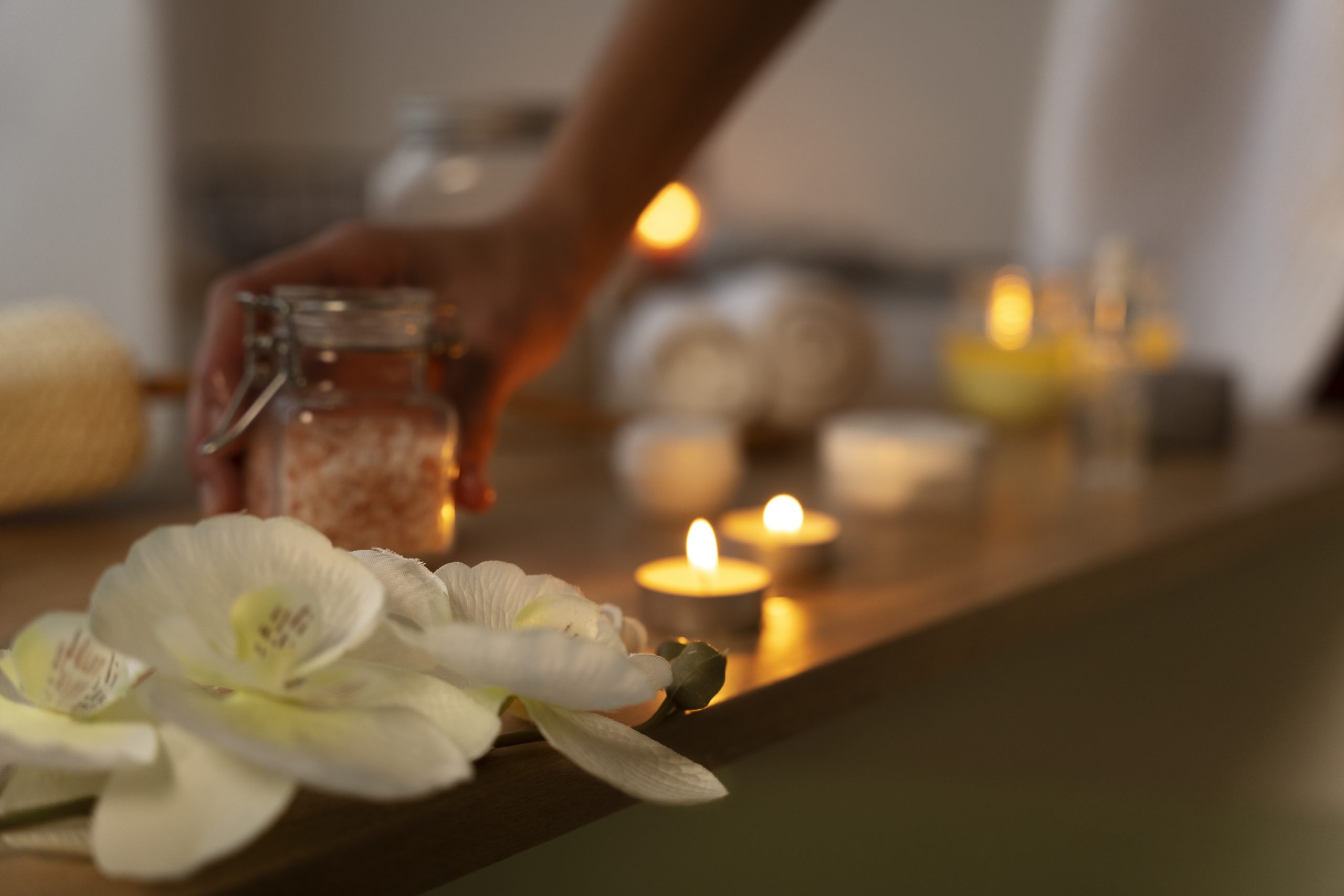 Woman Taking Bath Salt Put Some Water Before Taking Bath Scaled